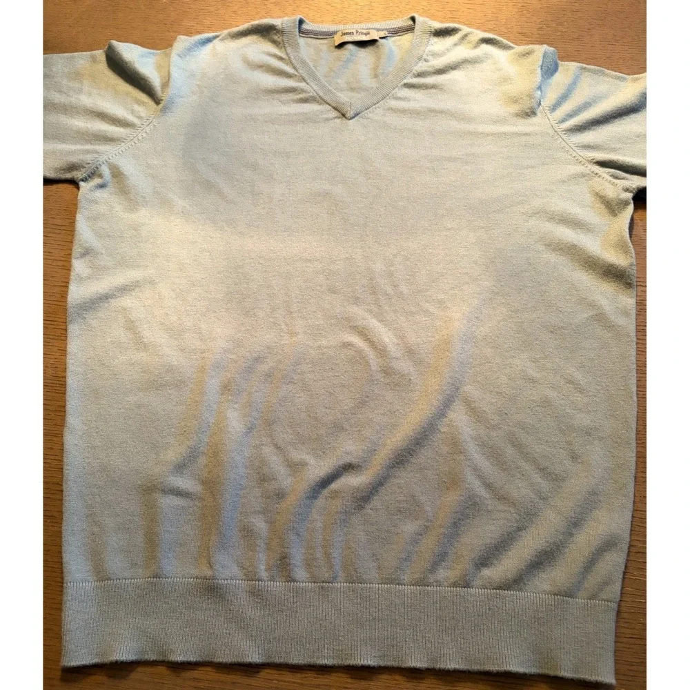 James Pringle Premium Mens V-Neck Sweater Light Blue/Grey Fine Knit Size Large